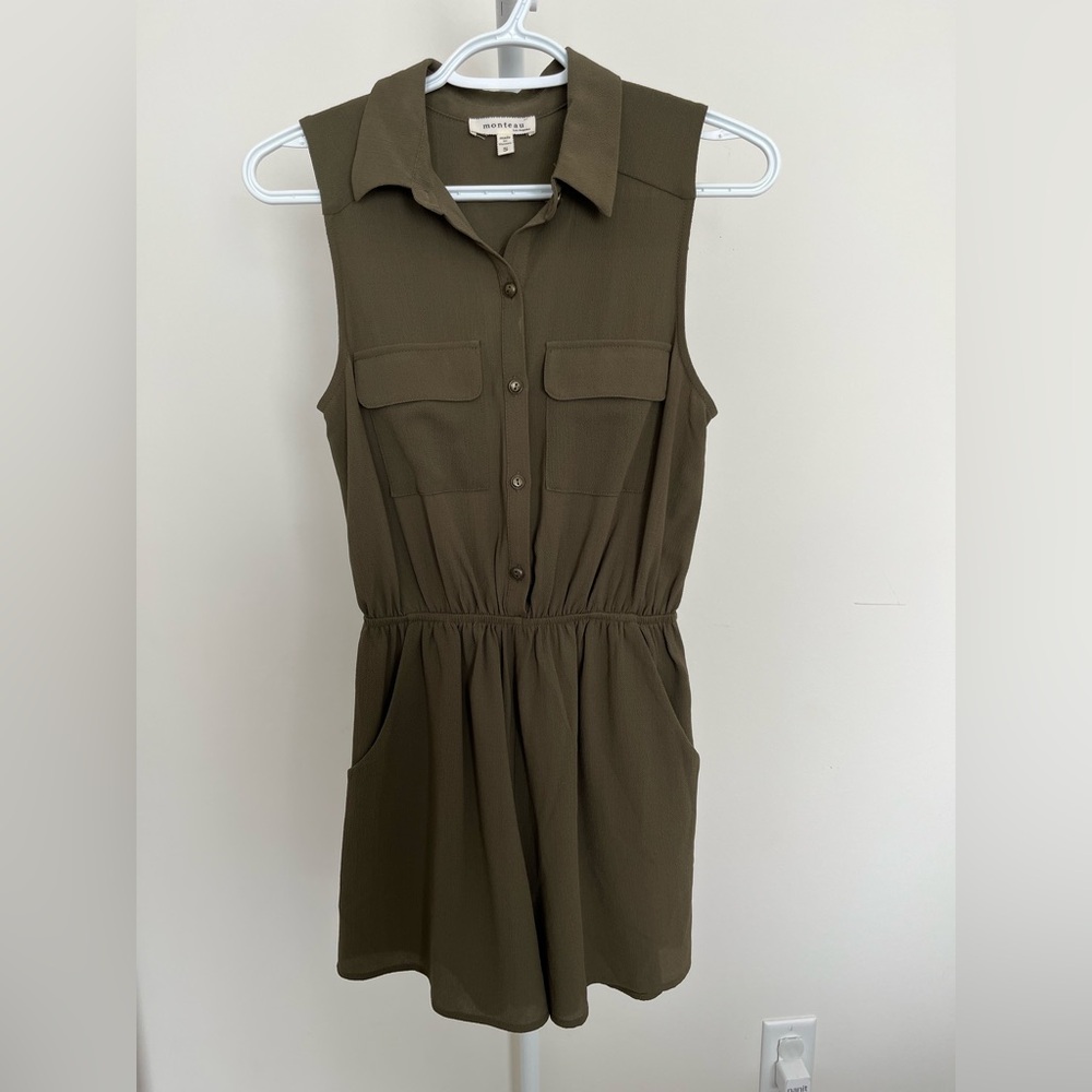 Monteau Olive Green Sleeveless Button-Up Romper